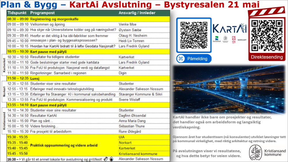 Program for KartAI-avslutningen i Bystyresalen 21. mai 2026: innlegg fra Kristiansand kommune, UiA, DiBK, KS, Kartverket, Norkart, Digin, Stavanger kommune og Sikri, med studentpresentasjoner og praktisk oppsummering